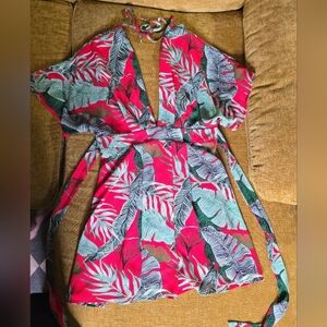 Women’s Tropical Print Pink Wrap Dress